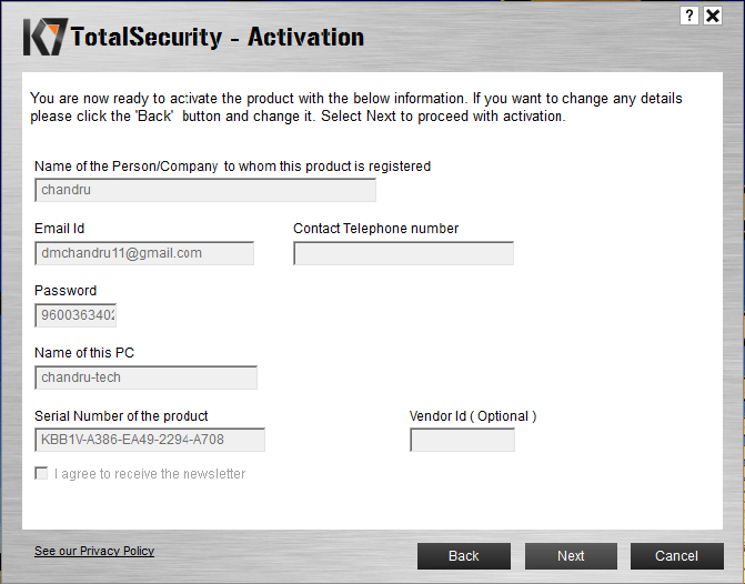 k7 total security 151 serial key