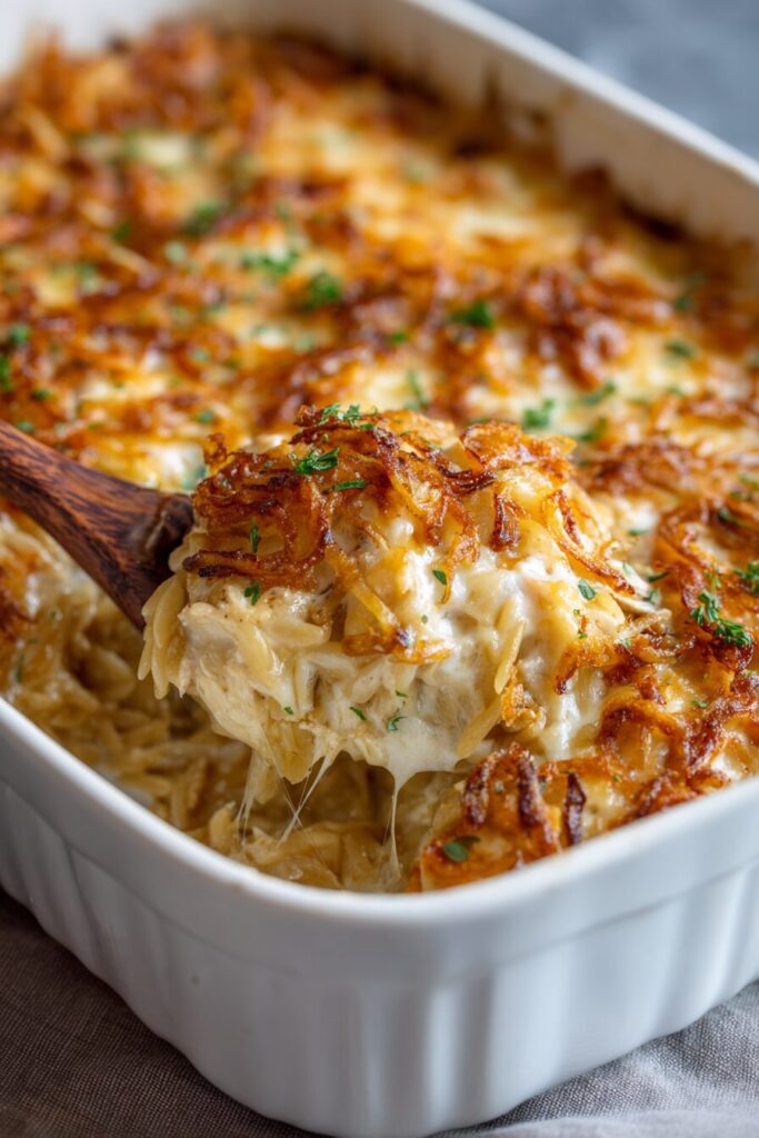 French Onion Chicken Orzo Casserole Recipe
